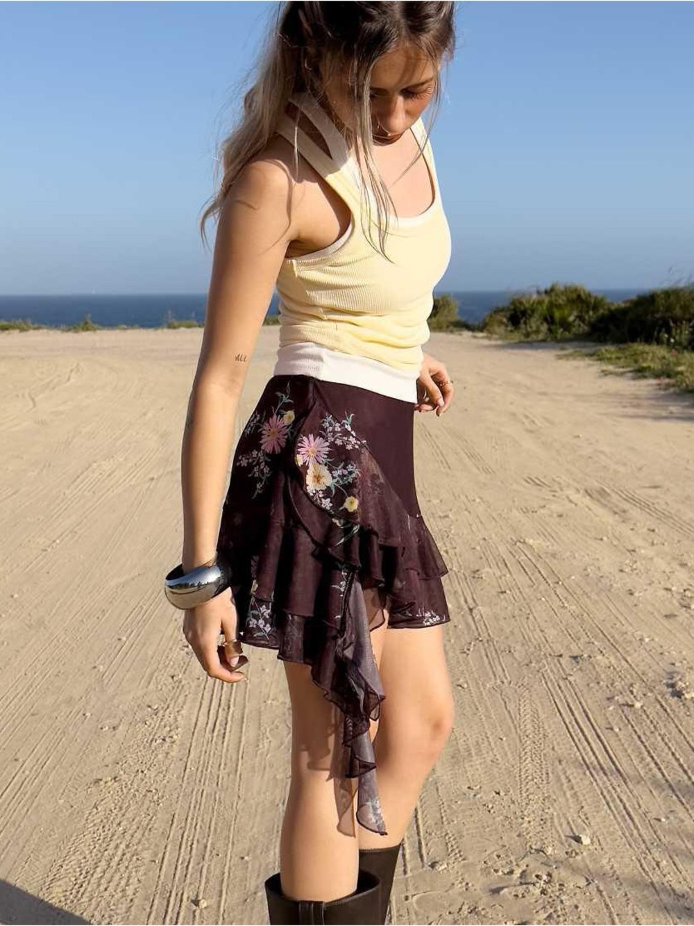 Bershka Floral Asymmetrical Ruffle Mini Skort - Brown